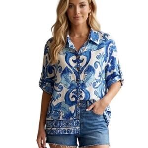 Haute Hippie Tile Print Top Womens Medium Blue White Mojolica Button Shirt